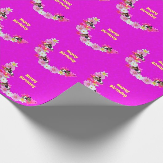 Roze parelhoenders en bloemperken, omslagpapier cadeaupapier (Hoek)