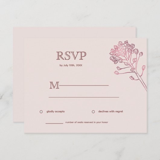 Roze parelkleurige, horizontale RSVP-botanische bu RSVP Kaartje (Voorkant / Achterkant)