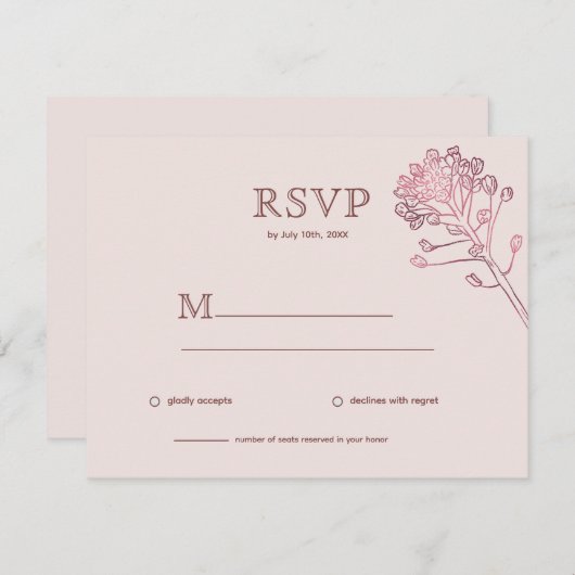 Roze parelkleurige, horizontale RSVP-botanische bu RSVP Kaartje (Voorkant / Achterkant)