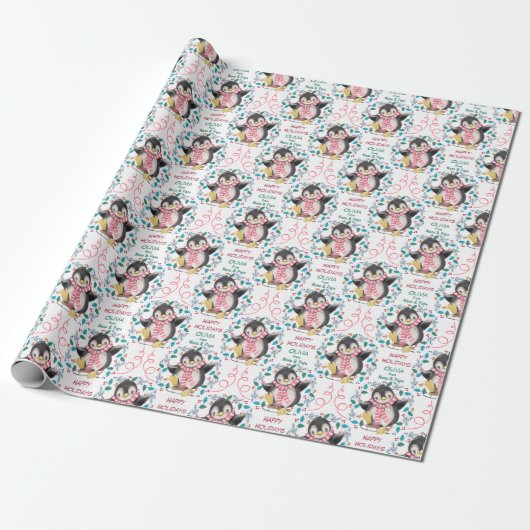 Roze parelpapier met pinguïn Sled Wreater kerstine Cadeaupapier (Uitgerold)