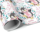 Roze parelpapier met pinguïn Sled Wreater kerstine Cadeaupapier (Rol Hoek)
