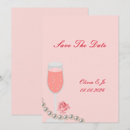 roze parels en prosecco bruiloft save the date (Voorkant / Achterkant)