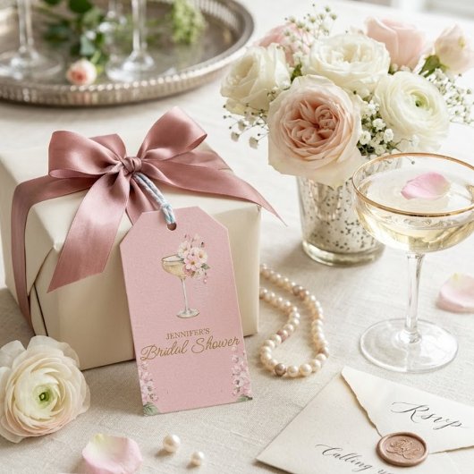 Roze parels en Prosecco welkomstbord Cadeaulabel