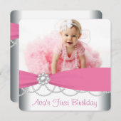 Roze Parels Meisjes Foto Verjaardagsfeest Kaart (Voorkant / Achterkant)