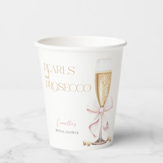 Roze Parels & Prosecco Bow Vrijgezellenfeest Papieren Bekers (Voorkant)