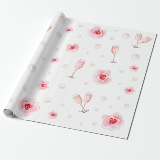 Roze Parels & Prosecco Bruidsfeest Bruiloft Gesche Cadeaupapier (Uitgerold)