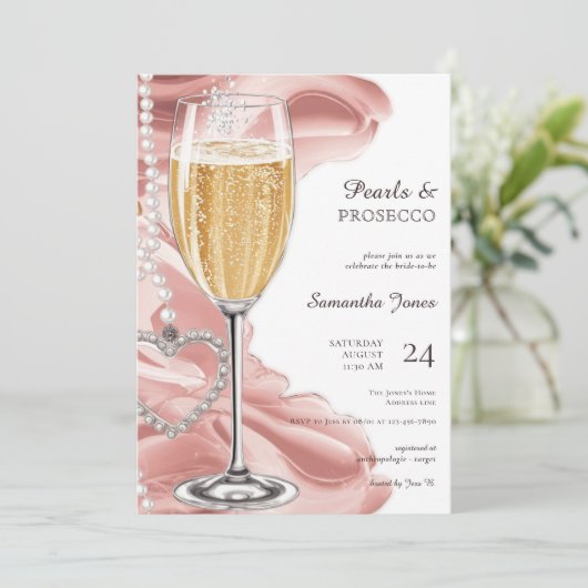 Roze Parels & Prosecco Brunch Bubble Vrijgezellenf Kaart (Staand voorkant)