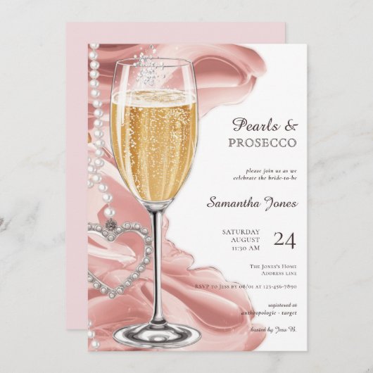 Roze Parels & Prosecco Brunch Bubble Vrijgezellenf Kaart (Voorkant / Achterkant)