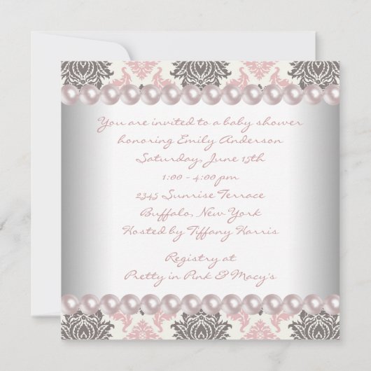 Roze Parels Roze Bruin Damast Baby Meisje Douche Kaart (Achterkant)