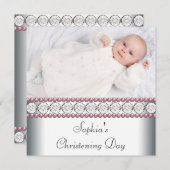 Roze Parels Witte Baby Meisje Foto Doop Kaart (Voorkant / Achterkant)