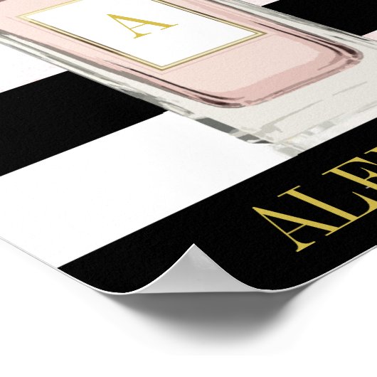 Roze parfume Fles Black Stripe Chic Monogram Poster (Hoek)