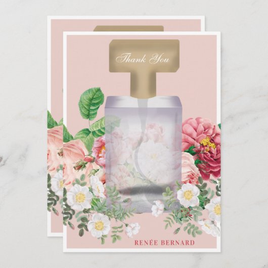 Roze Parfumfles Huwelijksfeest Bloemmotief Bedankkaart (Voorkant / Achterkant)