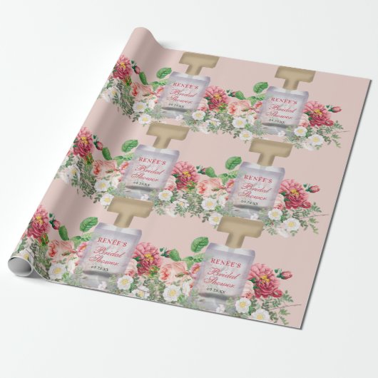 Roze Parfumfles Huwelijksfeest Bloemmotief  Cadeaupapier (Uitgerold)
