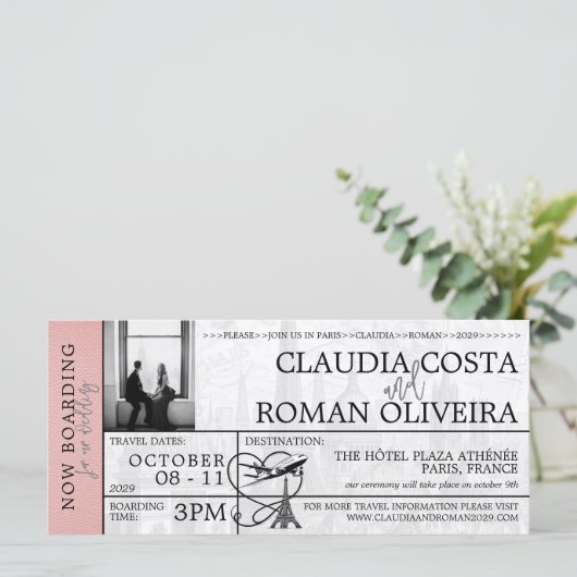 Roze Parijs bruiloft instapkaart uitnodiging (Staand voorkant)