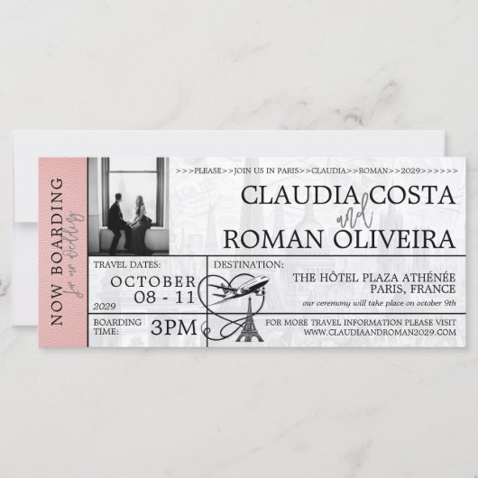 Roze Parijs bruiloft instapkaart uitnodiging (Voorkant)