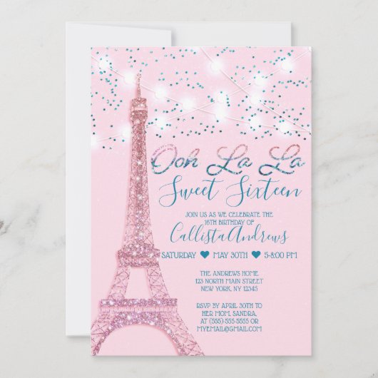 Roze Parijs Eiffeltoren glitter lichten Sweet 16 Kaart (Voorkant)