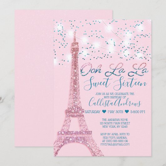 Roze Parijs Eiffeltoren glitter lichten Sweet 16 Kaart (Voorkant / Achterkant)