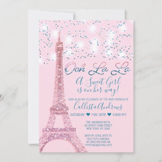 Roze Parijs Eiffeltoren glitterlichten Baby shower Kaart (Voorkant)
