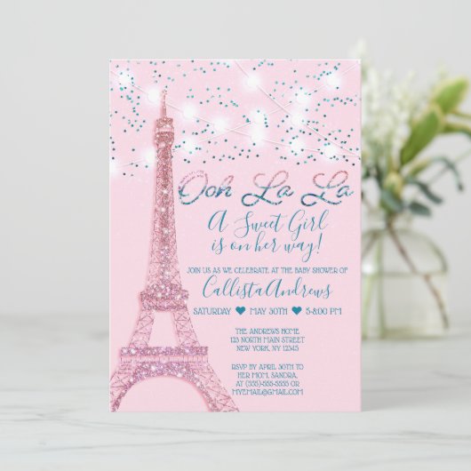 Roze Parijs Eiffeltoren glitterlichten Baby shower Kaart (Staand voorkant)