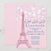 Roze Parijs Eiffeltoren glitterlichten Quinceañera Kaart (Voorkant / Achterkant)