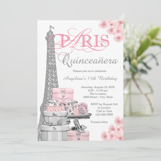 Roze Parijs Quinceanera Kaart (Staand voorkant)
