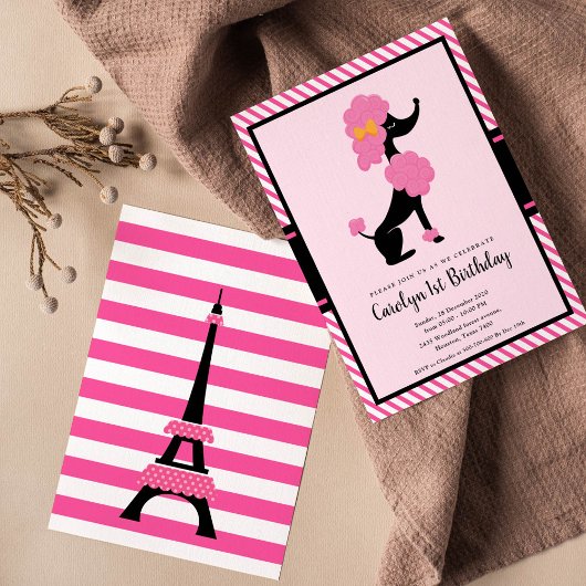 Roze parijse poodle eerste verjaardag kaart