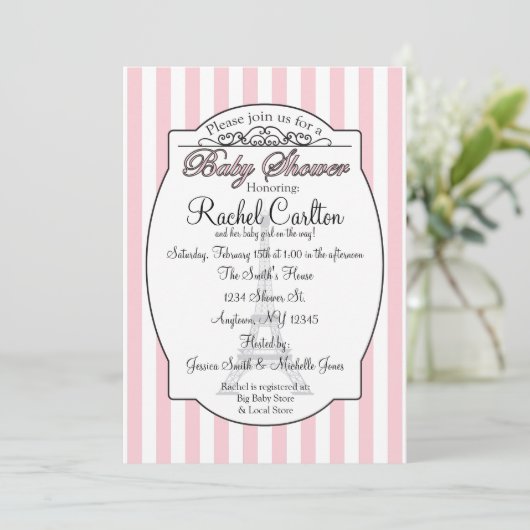 Roze Paris Baby shower Uitnodiging (Staand voorkant)