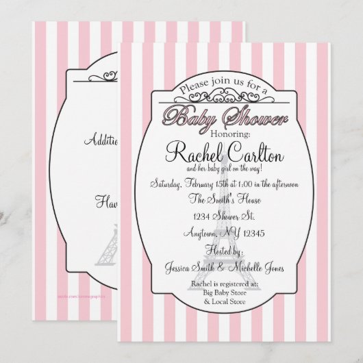 Roze Paris Baby shower Uitnodiging (Voorkant / Achterkant)