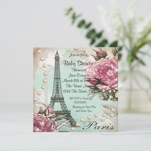  roze Paris Baby Shower Uitnodigingen (Staand voorkant)