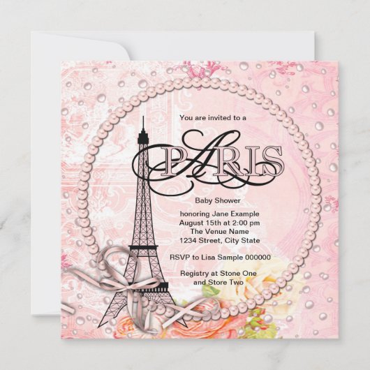  roze Paris Baby Shower Uitnodigingen (Voorkant)