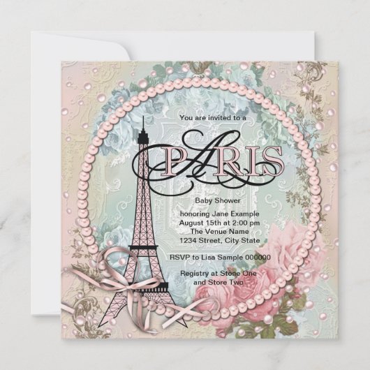  roze Paris Baby Shower Uitnodigingen (Voorkant)