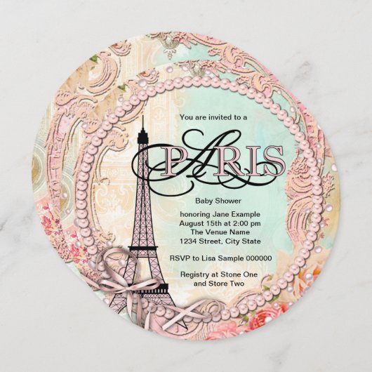 Roze Paris Baby Shower Uitnodigingen (Voorkant / Achterkant)