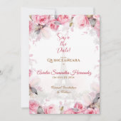 Roze Paris Bloemrozen Quinceañera Save the Date Kaart (Voorkant)