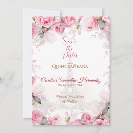 Roze Paris Bloemrozen Quinceañera Save the Date Kaart (Voorkant)