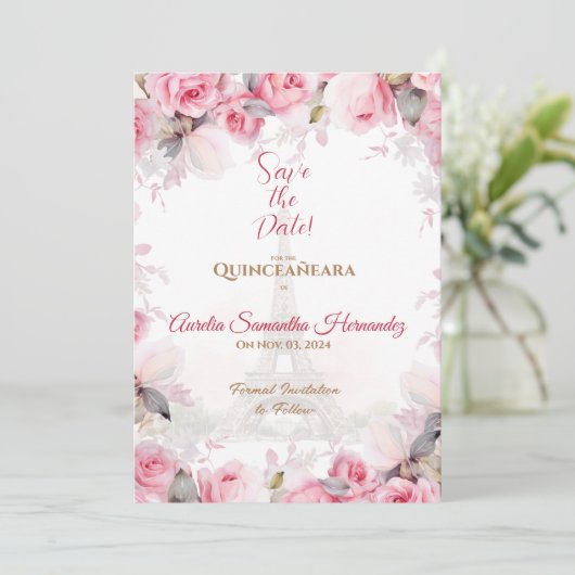 Roze Paris bloemrozen Quinceañera Save the Date Kaart (Staand voorkant)