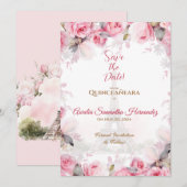 Roze Paris Bloemrozen Quinceañera Save the Date Kaart (Voorkant / Achterkant)