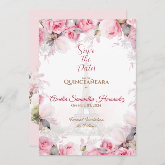 Roze Paris Bloemrozen Quinceañera Save the Date Kaart (Voorkant / Achterkant)
