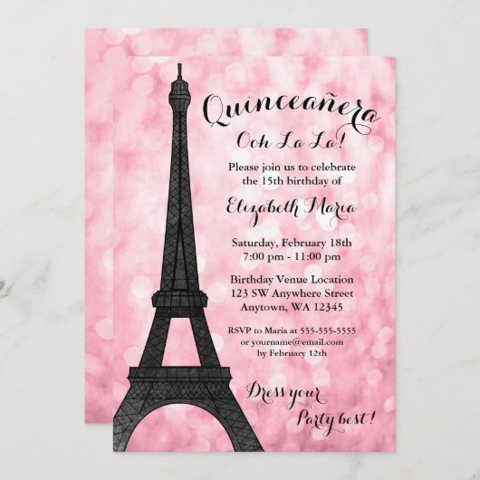 Roze Paris Bokeh Glitter Lights Quinceañera Kaart (Voorkant / Achterkant)