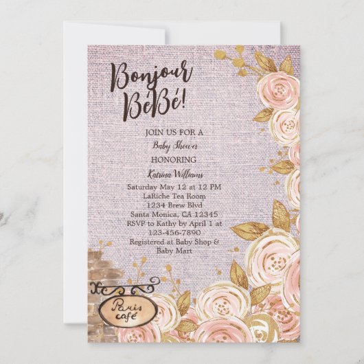 Roze Paris Cafe Baby shower Uitnodiging (Voorkant)