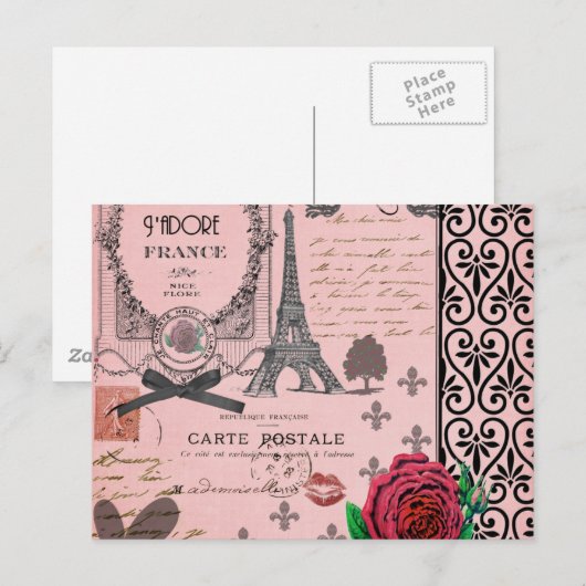  Roze Paris Collage Briefkaart (Voorkant / Achterkant)