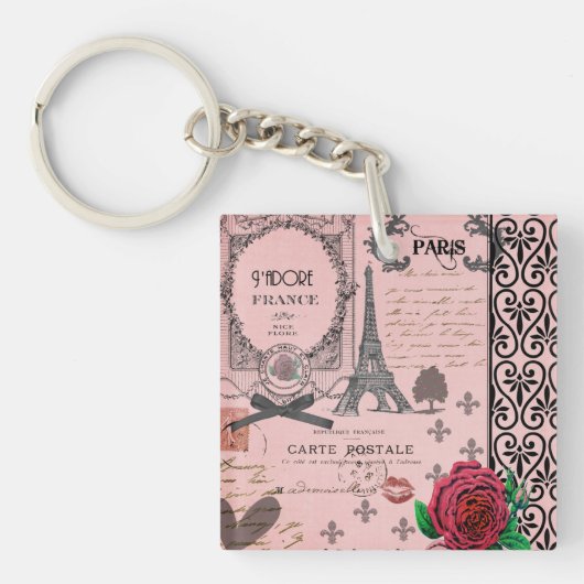 Roze Paris Collage gepersonaliseerde sleutelhange Sleutelhanger (Voorkant)