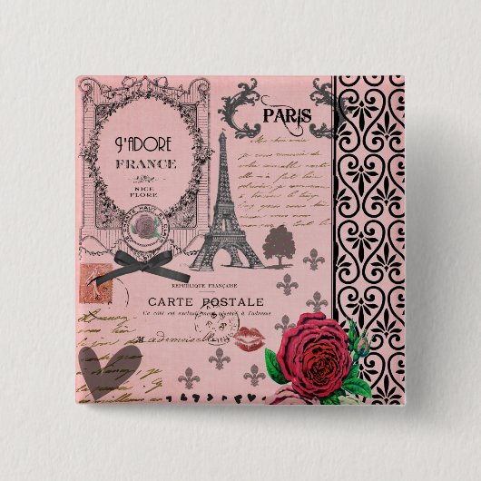  Roze Paris Collage Vierkante Button 5,1 Cm (Voorkant)