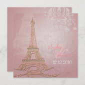 Roze Paris Eiffel + swirls Wedding Invitting Kaart (Voorkant / Achterkant)