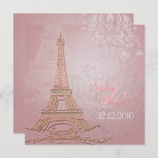 Roze Paris Eiffel + swirls Wedding Invitting Kaart (Voorkant / Achterkant)