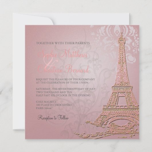 Roze Paris Eiffel + swirls Wedding Invitting Kaart (Achterkant)
