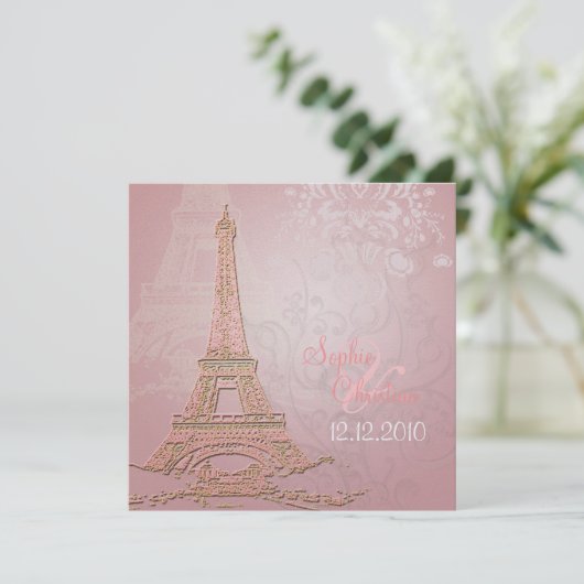 Roze Paris Eiffel + swirls Wedding Invitting Kaart (Staand voorkant)