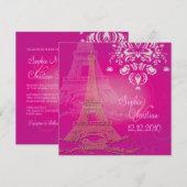Roze Paris Eiffel + swirls Wedding Invitting Kaart (Voorkant / Achterkant)