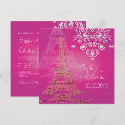 Roze Paris Eiffel + swirls Wedding Invitting Kaart (Voorkant / Achterkant)