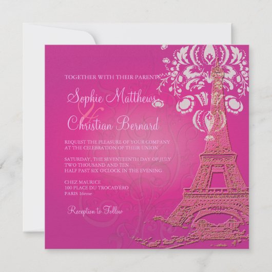 Roze Paris Eiffel + swirls Wedding Invitting Kaart (Achterkant)