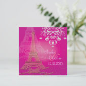 Roze Paris Eiffel + swirls Wedding Invitting Kaart (Staand voorkant)